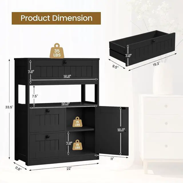 Alt view image 3 of 7 - Storage Cabinet, Modern Bathroom Floor Storage Cabinet Organizer with 1 Door and 3 Drawers, Freestanding Cupboard for Kitchen/Living Room Use