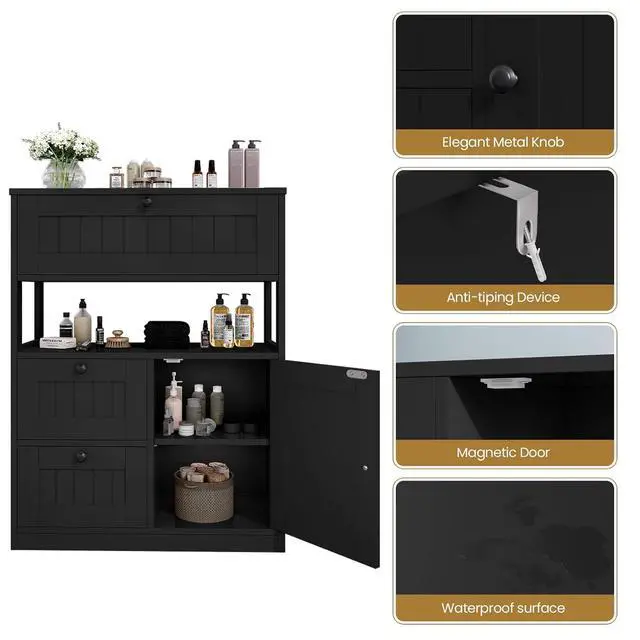 Alt view image 7 of 7 - Storage Cabinet, Modern Bathroom Floor Storage Cabinet Organizer with 1 Door and 3 Drawers, Freestanding Cupboard for Kitchen/Living Room Use