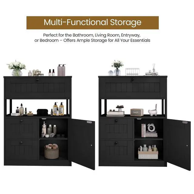Alt view image 6 of 7 - Storage Cabinet, Modern Bathroom Floor Storage Cabinet Organizer with 1 Door and 3 Drawers, Freestanding Cupboard for Kitchen/Living Room Use