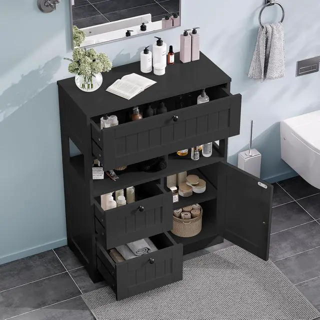 Alt view image 5 of 7 - Storage Cabinet, Modern Bathroom Floor Storage Cabinet Organizer with 1 Door and 3 Drawers, Freestanding Cupboard for Kitchen/Living Room Use