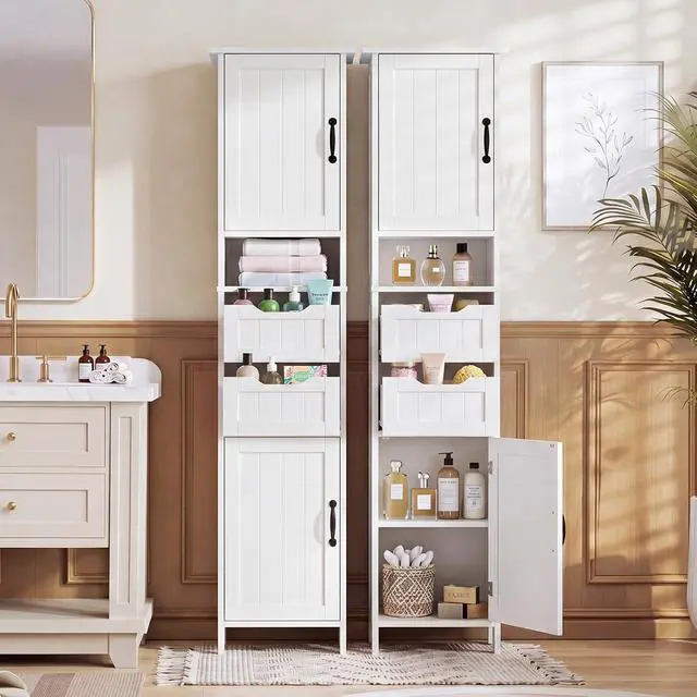 Alt view image 2 of 7 - 67" Tall Bathroom Storage Cabinet, Narrow Bathroom Cabinet with 2 Doors, 2 Drawers and 2 Adjustable Shelves, Slim Storage Cabinets for Kitchen, Living Room, Entryway, White
