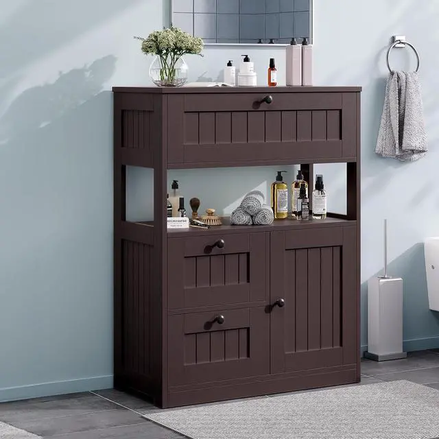 Main image of Bathroom Cabinet, Modern Bathroom Floor Storage Cabinet Organizer with 1 Door and 3 Drawers, Freestanding Cupboard for Kitchen/Living Room Use