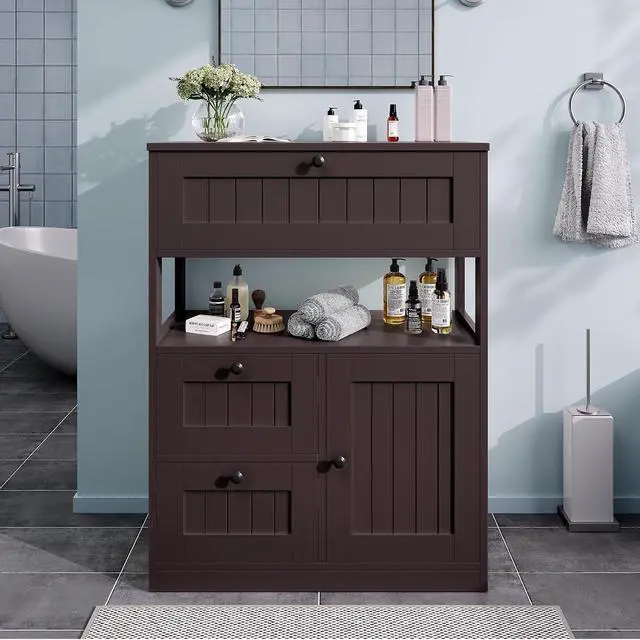 Alt view image 3 of 7 - Bathroom Cabinet, Modern Bathroom Floor Storage Cabinet Organizer with 1 Door and 3 Drawers, Freestanding Cupboard for Kitchen/Living Room Use