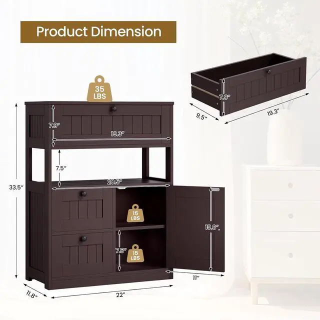 Alt view image 2 of 7 - Bathroom Cabinet, Modern Bathroom Floor Storage Cabinet Organizer with 1 Door and 3 Drawers, Freestanding Cupboard for Kitchen/Living Room Use