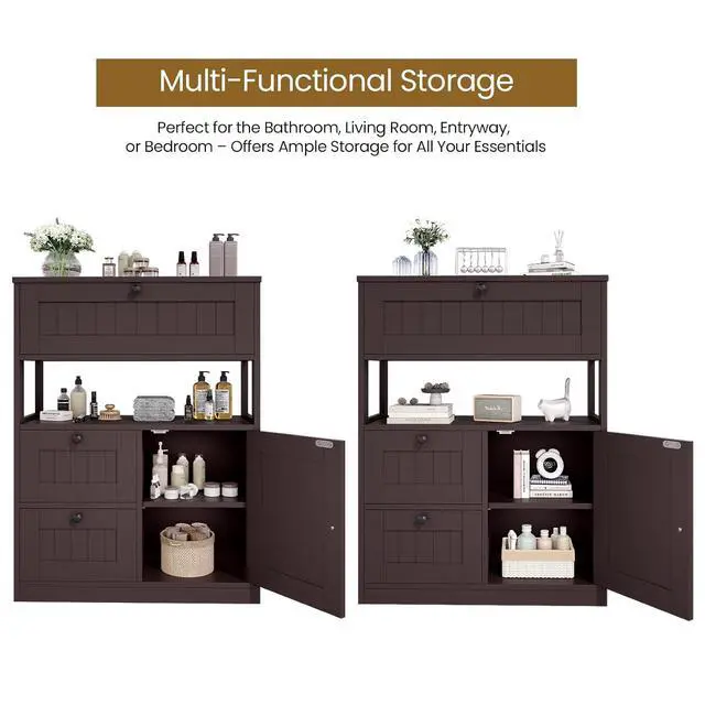 Alt view image 5 of 7 - Bathroom Cabinet, Modern Bathroom Floor Storage Cabinet Organizer with 1 Door and 3 Drawers, Freestanding Cupboard for Kitchen/Living Room Use