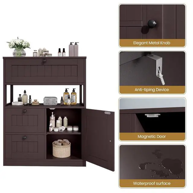 Alt view image 6 of 7 - Bathroom Cabinet, Modern Bathroom Floor Storage Cabinet Organizer with 1 Door and 3 Drawers, Freestanding Cupboard for Kitchen/Living Room Use