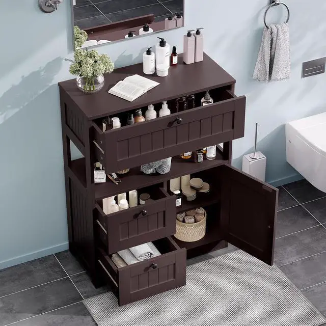 Alt view image 4 of 7 - Bathroom Cabinet, Modern Bathroom Floor Storage Cabinet Organizer with 1 Door and 3 Drawers, Freestanding Cupboard for Kitchen/Living Room Use