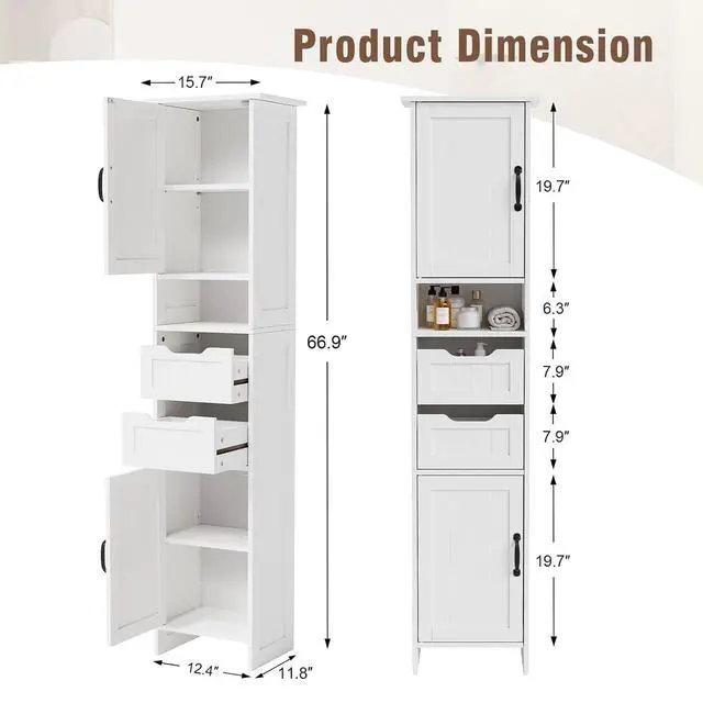 Alt view image 3 of 7 - 67" Tall Bathroom Storage Cabinet, Narrow Bathroom Cabinet with 2 Doors, 2 Drawers and 2 Adjustable Shelves, Slim Storage Cabinets for Kitchen, Living Room, Entryway, White