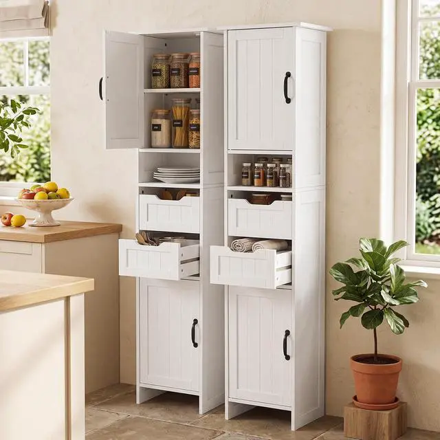 Alt view image 6 of 7 - 67" Tall Bathroom Storage Cabinet, Narrow Bathroom Cabinet with 2 Doors, 2 Drawers and 2 Adjustable Shelves, Slim Storage Cabinets for Kitchen, Living Room, Entryway, White