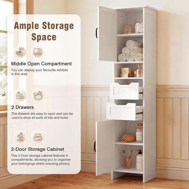 Alt view image 5 of 7 - 67" Tall Bathroom Storage Cabinet, Narrow Bathroom Cabinet with 2 Doors, 2 Drawers and 2 Adjustable Shelves, Slim Storage Cabinets for Kitchen, Living Room, Entryway, White