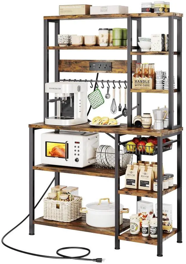 Main image of Kitchen Bakers Rack with Storage, 6-Tier Coffee Bar Station with Power Outlet, Microwave Stand with 12 S-Shaped Hooks, Open Kitchen Storage Shelves for Spices, Pots and Pans, Rustic Brown