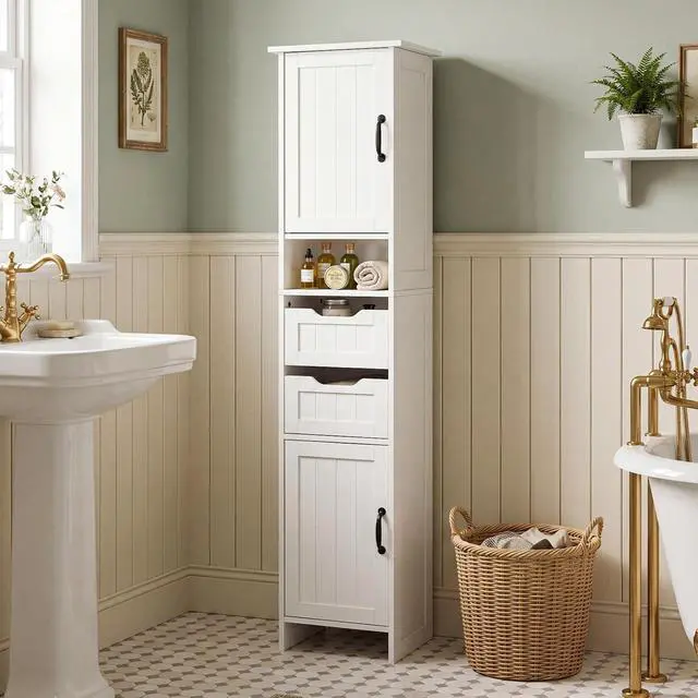 Alt view image 7 of 7 - 67" Tall Bathroom Storage Cabinet, Narrow Bathroom Cabinet with 2 Doors, 2 Drawers and 2 Adjustable Shelves, Slim Storage Cabinets for Kitchen, Living Room, Entryway, White