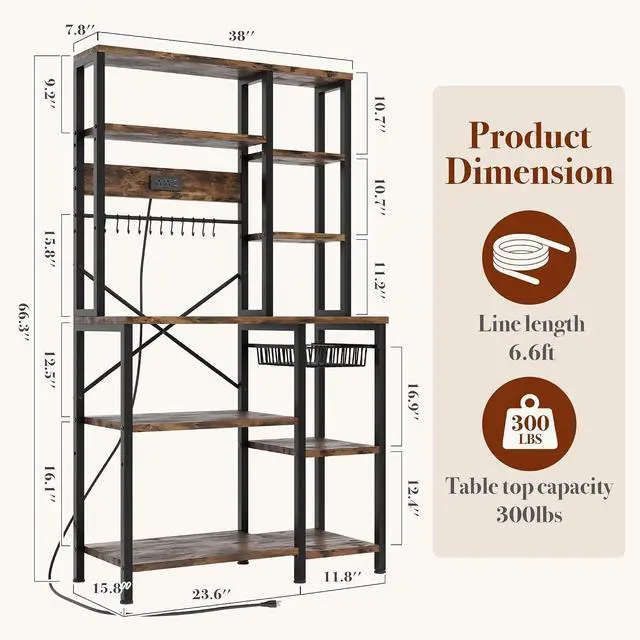 Alt view image 3 of 7 - Kitchen Bakers Rack with Storage, 6-Tier Coffee Bar Station with Power Outlet, Microwave Stand with 12 S-Shaped Hooks, Open Kitchen Storage Shelves for Spices, Pots and Pans, Rustic Brown