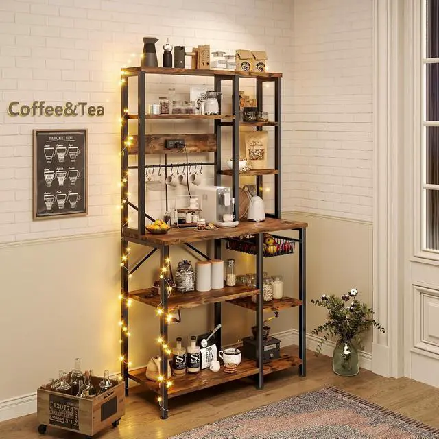 Alt view image 2 of 7 - Kitchen Bakers Rack with Storage, 6-Tier Coffee Bar Station with Power Outlet, Microwave Stand with 12 S-Shaped Hooks, Open Kitchen Storage Shelves for Spices, Pots and Pans, Rustic Brown