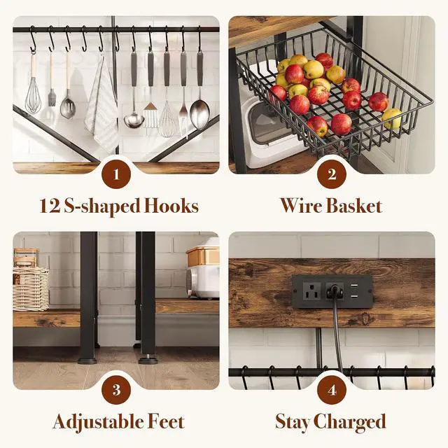 Alt view image 6 of 7 - Kitchen Bakers Rack with Storage, 6-Tier Coffee Bar Station with Power Outlet, Microwave Stand with 12 S-Shaped Hooks, Open Kitchen Storage Shelves for Spices, Pots and Pans, Rustic Brown