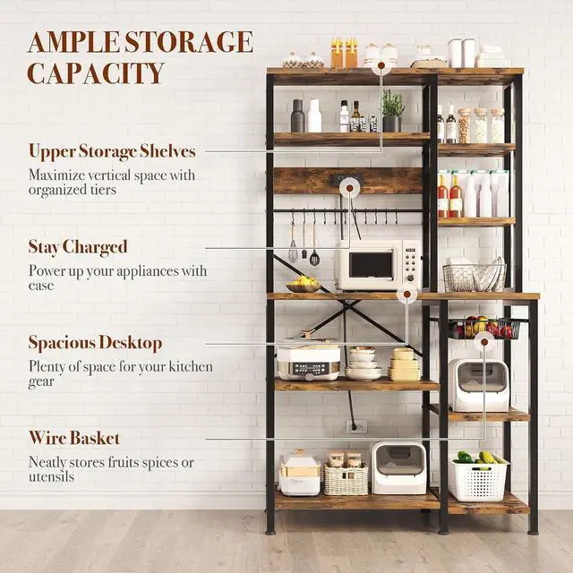 Alt view image 4 of 7 - Kitchen Bakers Rack with Storage, 6-Tier Coffee Bar Station with Power Outlet, Microwave Stand with 12 S-Shaped Hooks, Open Kitchen Storage Shelves for Spices, Pots and Pans, Rustic Brown
