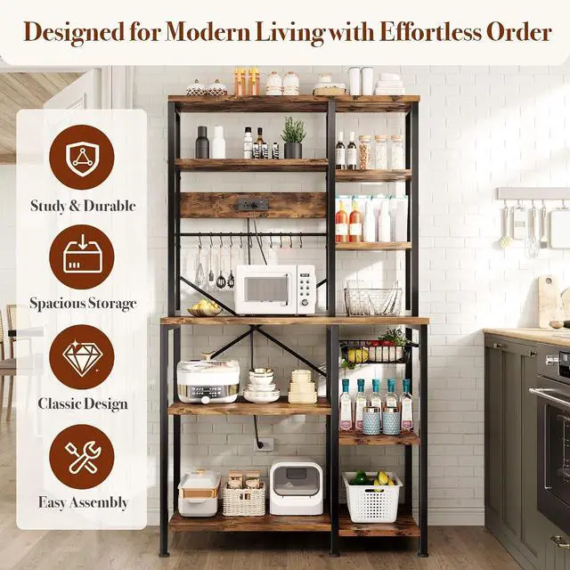 Alt view image 7 of 7 - Kitchen Bakers Rack with Storage, 6-Tier Coffee Bar Station with Power Outlet, Microwave Stand with 12 S-Shaped Hooks, Open Kitchen Storage Shelves for Spices, Pots and Pans, Rustic Brown
