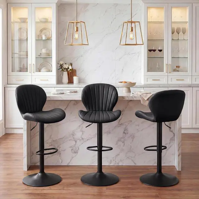 Alt view image 7 of 7 - Bar Stools Set of 4, Modern Swivel Adjustable Bar Chairs, Faux Leather Upholstered Counter Height Bar Stools with Backrest, Comfort Barstools for Kitchen Island, Home Bar, Black