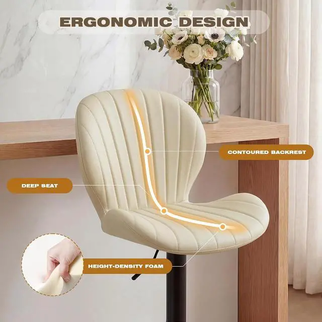 Alt view image 3 of 7 - Bar Stools Set of 2, Modern Swivel Adjustable Bar Chairs, Faux Leather Upholstered Counter Height Bar Stools with Backrest, Comfort Barstools for Kitchen Island, Home Bar, Beige