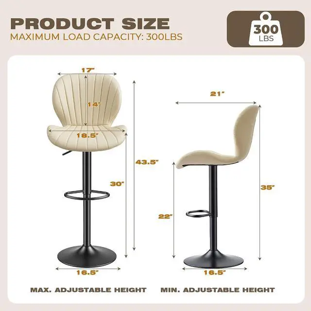 Alt view image 2 of 7 - Bar Stools Set of 2, Modern Swivel Adjustable Bar Chairs, Faux Leather Upholstered Counter Height Bar Stools with Backrest, Comfort Barstools for Kitchen Island, Home Bar, Beige