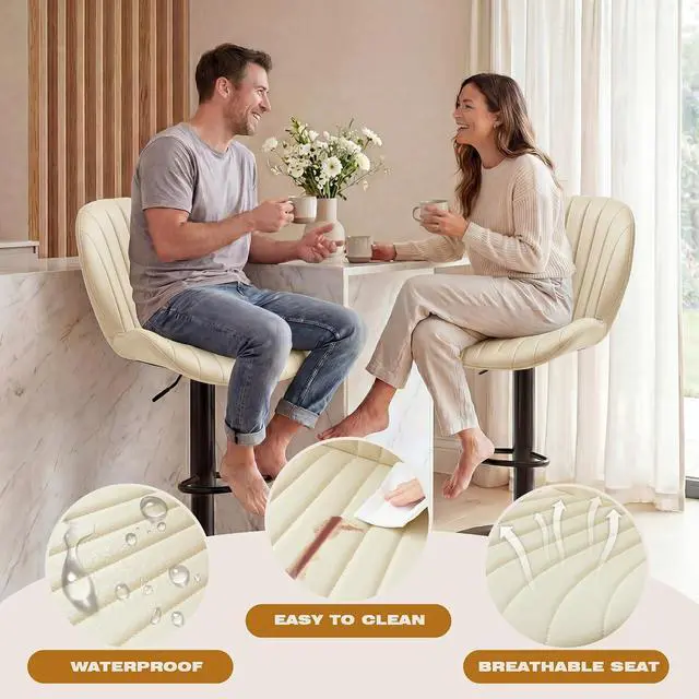 Alt view image 6 of 7 - Bar Stools Set of 2, Modern Swivel Adjustable Bar Chairs, Faux Leather Upholstered Counter Height Bar Stools with Backrest, Comfort Barstools for Kitchen Island, Home Bar, Beige