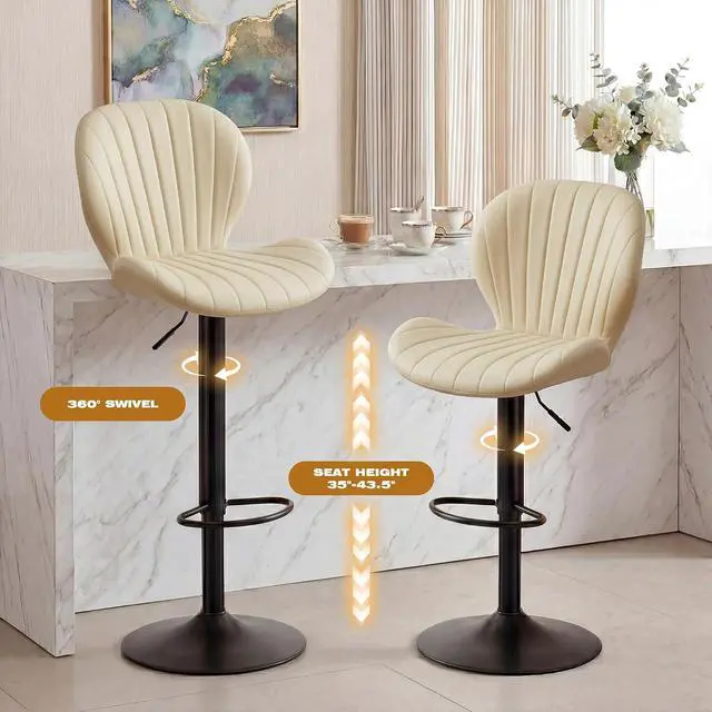 Alt view image 4 of 7 - Bar Stools Set of 2, Modern Swivel Adjustable Bar Chairs, Faux Leather Upholstered Counter Height Bar Stools with Backrest, Comfort Barstools for Kitchen Island, Home Bar, Beige