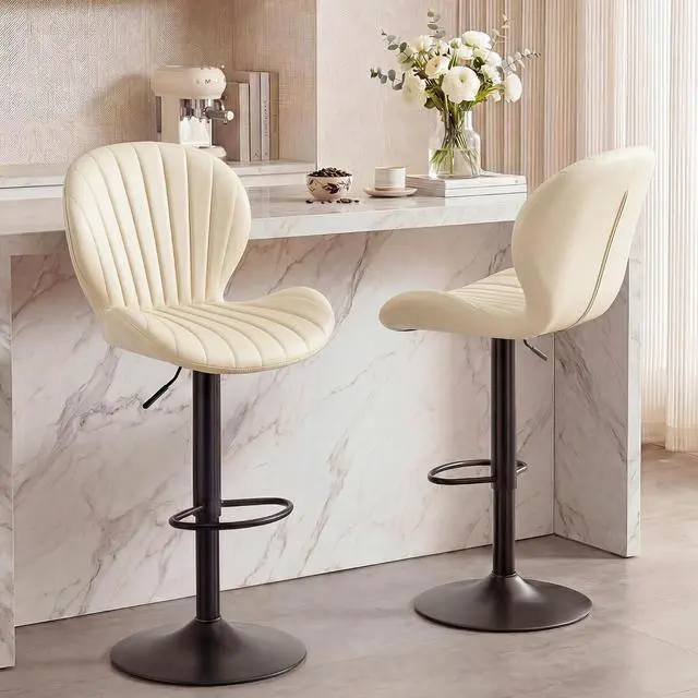 Main image of Bar Stools Set of 2, Modern Swivel Adjustable Bar Chairs, Faux Leather Upholstered Counter Height Bar Stools with Backrest, Comfort Barstools for Kitchen Island, Home Bar, Beige