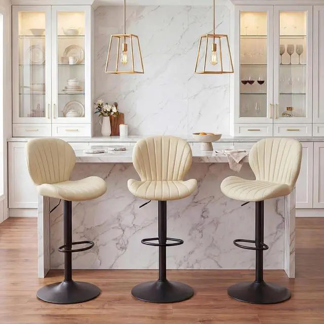 Alt view image 7 of 7 - Bar Stools Set of 2, Modern Swivel Adjustable Bar Chairs, Faux Leather Upholstered Counter Height Bar Stools with Backrest, Comfort Barstools for Kitchen Island, Home Bar, Beige