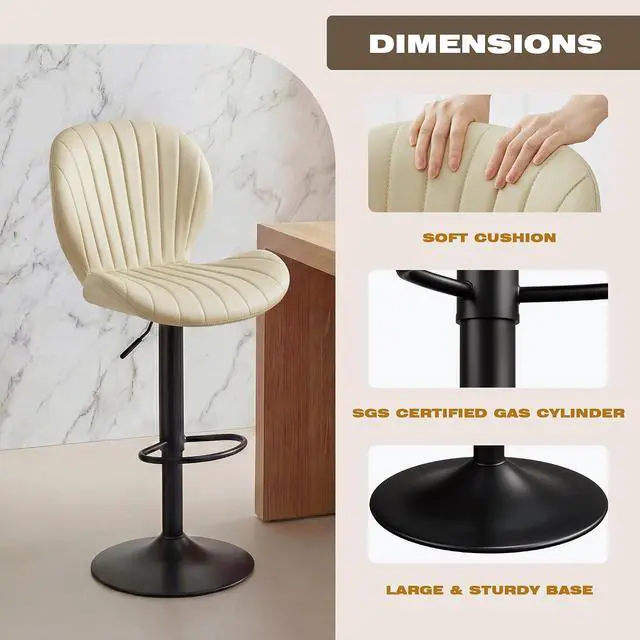 Alt view image 5 of 7 - Bar Stools Set of 2, Modern Swivel Adjustable Bar Chairs, Faux Leather Upholstered Counter Height Bar Stools with Backrest, Comfort Barstools for Kitchen Island, Home Bar, Beige