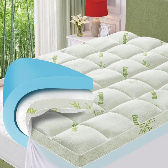 Main image of King Memory Foam Mattress Topper, 4 Inch Dual Layer Gel Foam Mattress Pad with Soft Pillow Top Cover, Viscose Made from Bamboo, Overfilled, Deep Pocket 8"-18"