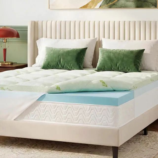 Alt view image 2 of 7 - King Memory Foam Mattress Topper, 4 Inch Dual Layer Gel Foam Mattress Pad with Soft Pillow Top Cover, Viscose Made from Bamboo, Overfilled, Deep Pocket 8"-18"