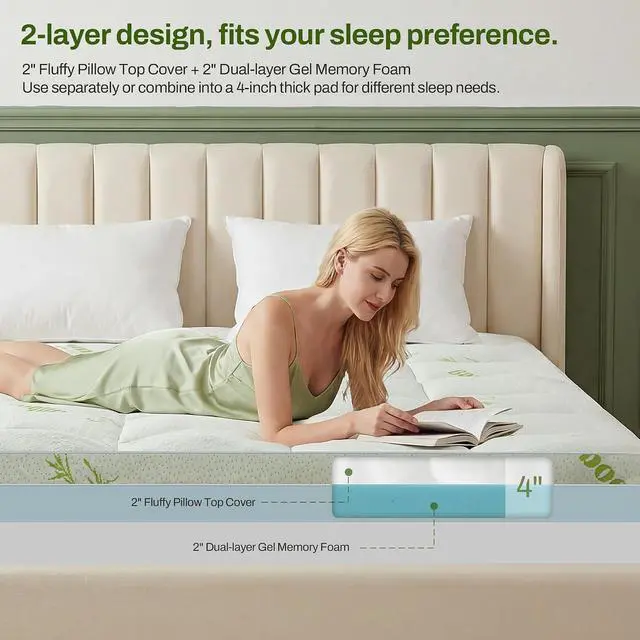 Alt view image 3 of 7 - King Memory Foam Mattress Topper, 4 Inch Dual Layer Gel Foam Mattress Pad with Soft Pillow Top Cover, Viscose Made from Bamboo, Overfilled, Deep Pocket 8"-18"
