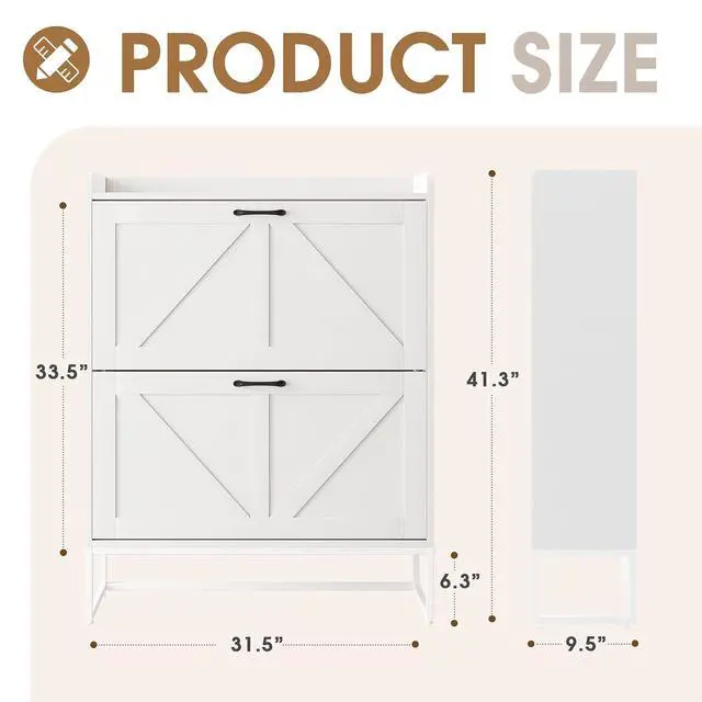 Alt view image 2 of 7 - Shoe Cabinet, Shoe Storage Cabinet with 2 Flip Drawers & Adjustable Shelf, Space-Saving Shoe Organizer Holds 16+ Pairs, Narrow Shoe Cabinet Storage for Entryway/HallwayWhite