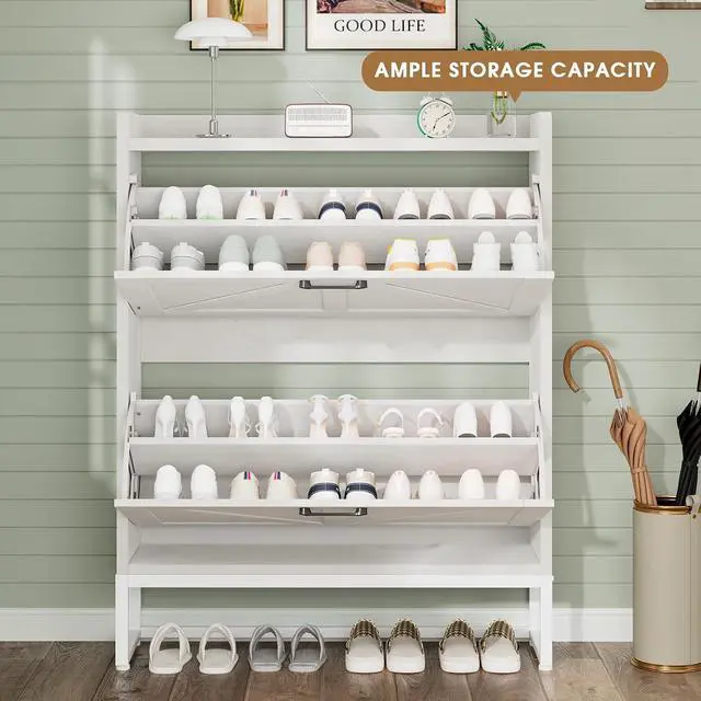 Alt view image 3 of 7 - Shoe Cabinet, Shoe Storage Cabinet with 2 Flip Drawers & Adjustable Shelf, Space-Saving Shoe Organizer Holds 16+ Pairs, Narrow Shoe Cabinet Storage for Entryway/HallwayWhite