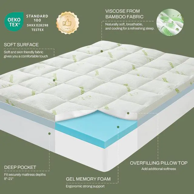 Alt view image 4 of 7 - King Memory Foam Mattress Topper, 4 Inch Dual Layer Gel Foam Mattress Pad with Soft Pillow Top Cover, Viscose Made from Bamboo, Overfilled, Deep Pocket 8"-18"