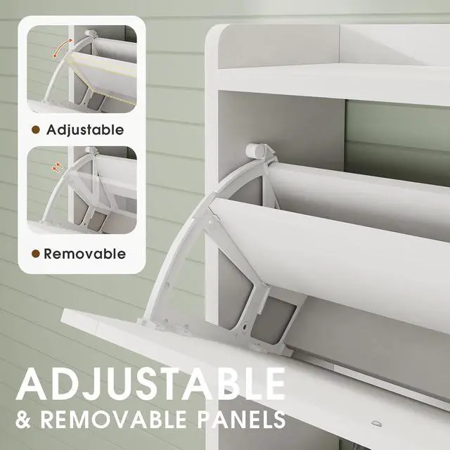 Alt view image 4 of 7 - Shoe Cabinet, Shoe Storage Cabinet with 2 Flip Drawers & Adjustable Shelf, Space-Saving Shoe Organizer Holds 16+ Pairs, Narrow Shoe Cabinet Storage for Entryway/HallwayWhite
