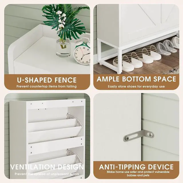 Alt view image 5 of 7 - Shoe Cabinet, Shoe Storage Cabinet with 2 Flip Drawers & Adjustable Shelf, Space-Saving Shoe Organizer Holds 16+ Pairs, Narrow Shoe Cabinet Storage for Entryway/HallwayWhite