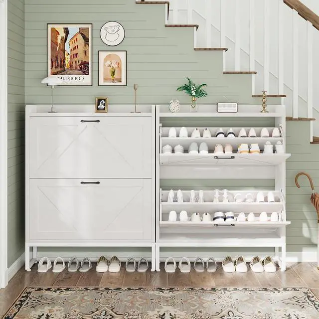 Alt view image 6 of 7 - Shoe Cabinet, Shoe Storage Cabinet with 2 Flip Drawers & Adjustable Shelf, Space-Saving Shoe Organizer Holds 16+ Pairs, Narrow Shoe Cabinet Storage for Entryway/HallwayWhite