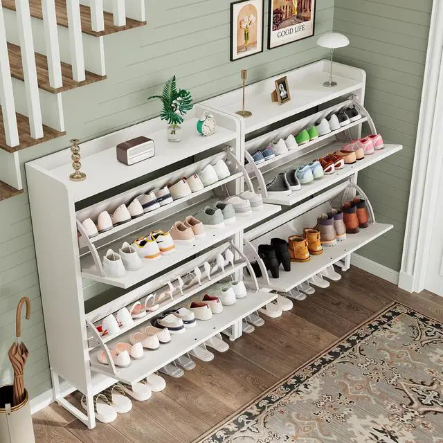 Alt view image 7 of 7 - Shoe Cabinet, Shoe Storage Cabinet with 2 Flip Drawers & Adjustable Shelf, Space-Saving Shoe Organizer Holds 16+ Pairs, Narrow Shoe Cabinet Storage for Entryway/HallwayWhite