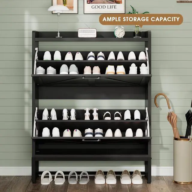 Alt view image 3 of 7 - Shoe Cabinet, Shoe Storage Cabinet with 2 Flip Drawers & Adjustable Shelf, Space-Saving Shoe Organizer Holds 16+ Pairs, Narrow Shoe Cabinet Storage for Entryway/HallwayBlack