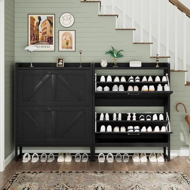 Alt view image 6 of 7 - Shoe Cabinet, Shoe Storage Cabinet with 2 Flip Drawers & Adjustable Shelf, Space-Saving Shoe Organizer Holds 16+ Pairs, Narrow Shoe Cabinet Storage for Entryway/HallwayBlack