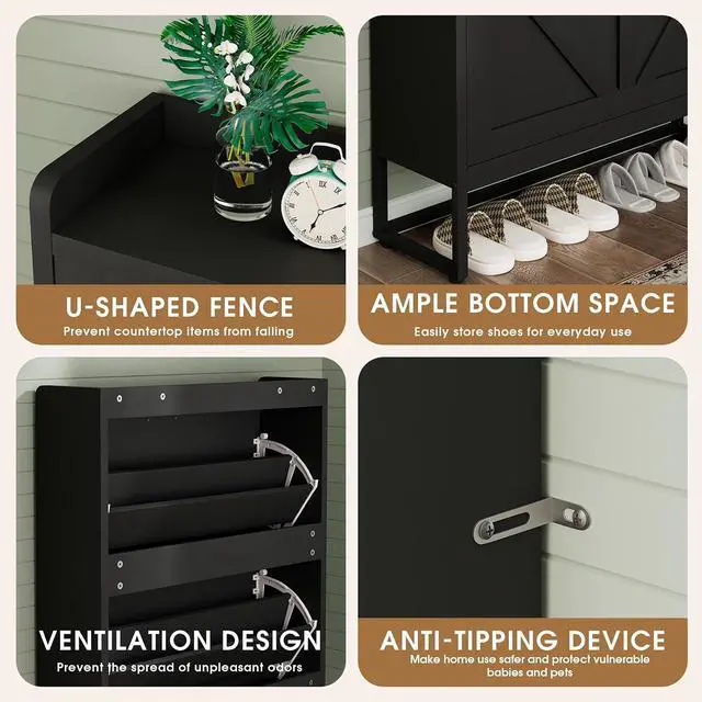 Alt view image 5 of 7 - Shoe Cabinet, Shoe Storage Cabinet with 2 Flip Drawers & Adjustable Shelf, Space-Saving Shoe Organizer Holds 16+ Pairs, Narrow Shoe Cabinet Storage for Entryway/HallwayBlack