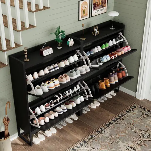 Alt view image 7 of 7 - Shoe Cabinet, Shoe Storage Cabinet with 2 Flip Drawers & Adjustable Shelf, Space-Saving Shoe Organizer Holds 16+ Pairs, Narrow Shoe Cabinet Storage for Entryway/HallwayBlack