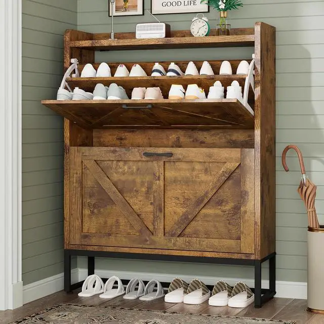 Main image of Shoe Cabinet, Shoe Storage Cabinet with 2 Flip Drawers & Adjustable Shelf, Space-Saving Shoe Organizer Holds 16+ Pairs, Narrow Shoe Cabinet Storage for Entryway/HallwayBrown