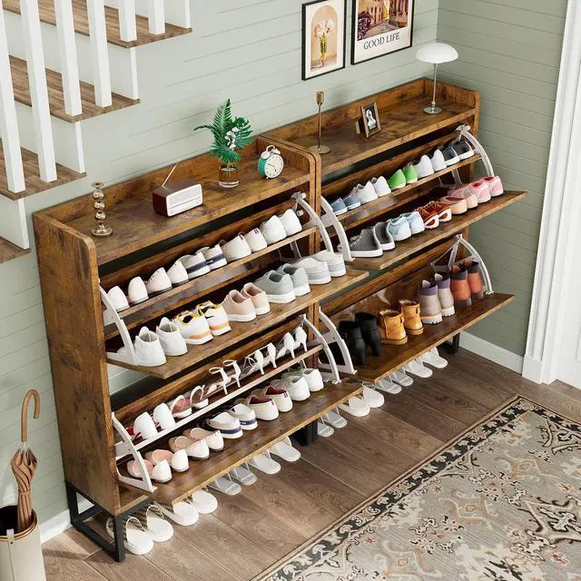Alt view image 7 of 7 - Shoe Cabinet, Shoe Storage Cabinet with 2 Flip Drawers & Adjustable Shelf, Space-Saving Shoe Organizer Holds 16+ Pairs, Narrow Shoe Cabinet Storage for Entryway/HallwayBrown