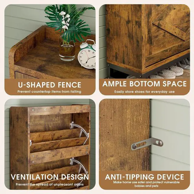 Alt view image 5 of 7 - Shoe Cabinet, Shoe Storage Cabinet with 2 Flip Drawers & Adjustable Shelf, Space-Saving Shoe Organizer Holds 16+ Pairs, Narrow Shoe Cabinet Storage for Entryway/HallwayBrown