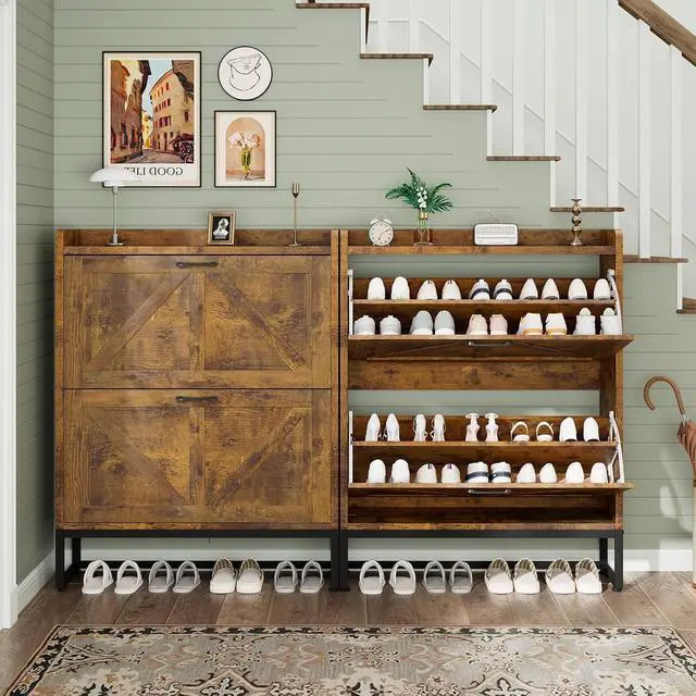 Alt view image 6 of 7 - Shoe Cabinet, Shoe Storage Cabinet with 2 Flip Drawers & Adjustable Shelf, Space-Saving Shoe Organizer Holds 16+ Pairs, Narrow Shoe Cabinet Storage for Entryway/HallwayBrown