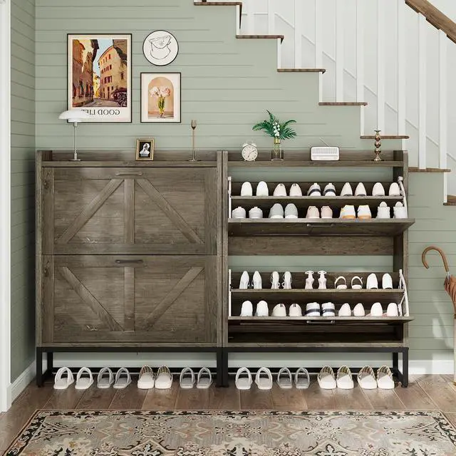 Alt view image 6 of 7 - Shoe Cabinet, Shoe Storage Cabinet with 2 Flip Drawers & Adjustable Shelf, Space-Saving Shoe Organizer Holds 16+ Pairs, Narrow Shoe Cabinet Storage for Entryway/HallwayGrey