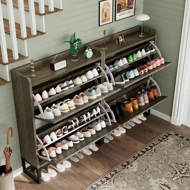 Alt view image 7 of 7 - Shoe Cabinet, Shoe Storage Cabinet with 2 Flip Drawers & Adjustable Shelf, Space-Saving Shoe Organizer Holds 16+ Pairs, Narrow Shoe Cabinet Storage for Entryway/HallwayGrey