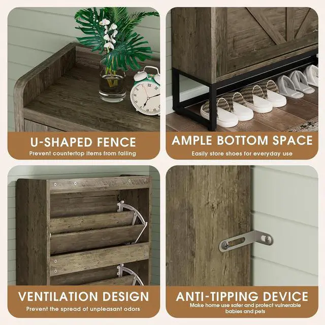 Alt view image 5 of 7 - Shoe Cabinet, Shoe Storage Cabinet with 2 Flip Drawers & Adjustable Shelf, Space-Saving Shoe Organizer Holds 16+ Pairs, Narrow Shoe Cabinet Storage for Entryway/HallwayGrey